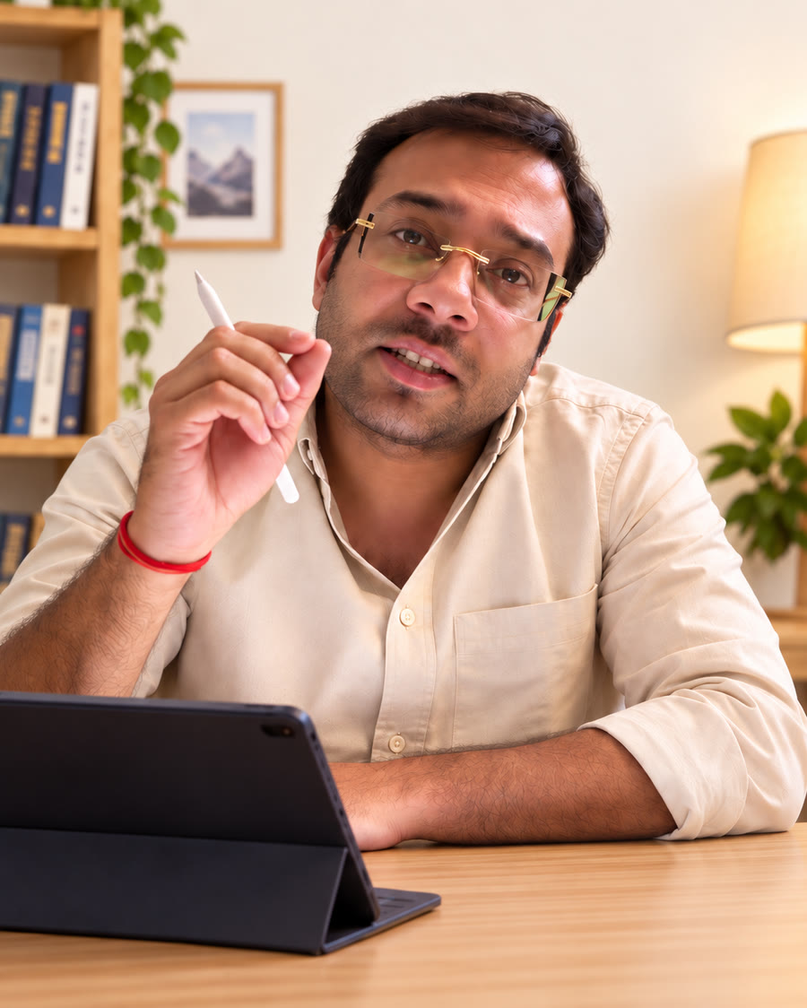 Mr. Briefist at his desk, holding a stylus and explaining a topic